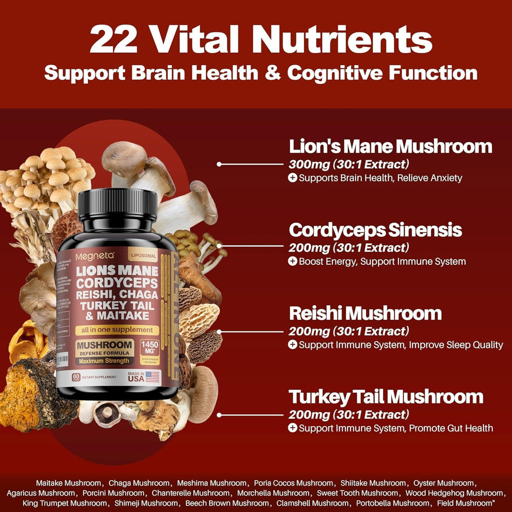 MEGNETA 22 en 1 Hongos Multivitamínicos, Lion's Mane, Cordyceps, Reishi, Turkey Tail, 180 Cápsulas