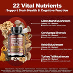 MEGNETA 22 en 1 Hongos Multivitamínicos, Lion's Mane, Cordyceps, Reishi, Turkey Tail, 180 Cápsulas