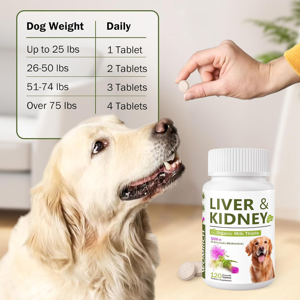 Cardo Mariano y SAM-E para Perros, Apoyo Hepático y Renal Avanzado con Silimarina, 120 Comprimidos Masticables