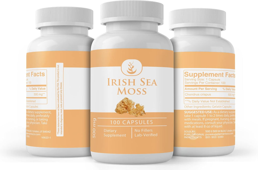 PURE ORIGINAL INGREDIENTS Irish Sea Moss (100 Cápsulas) - Siempre Puro, Sin Aditivos ni Rellenos, Verificado en Laboratorio
