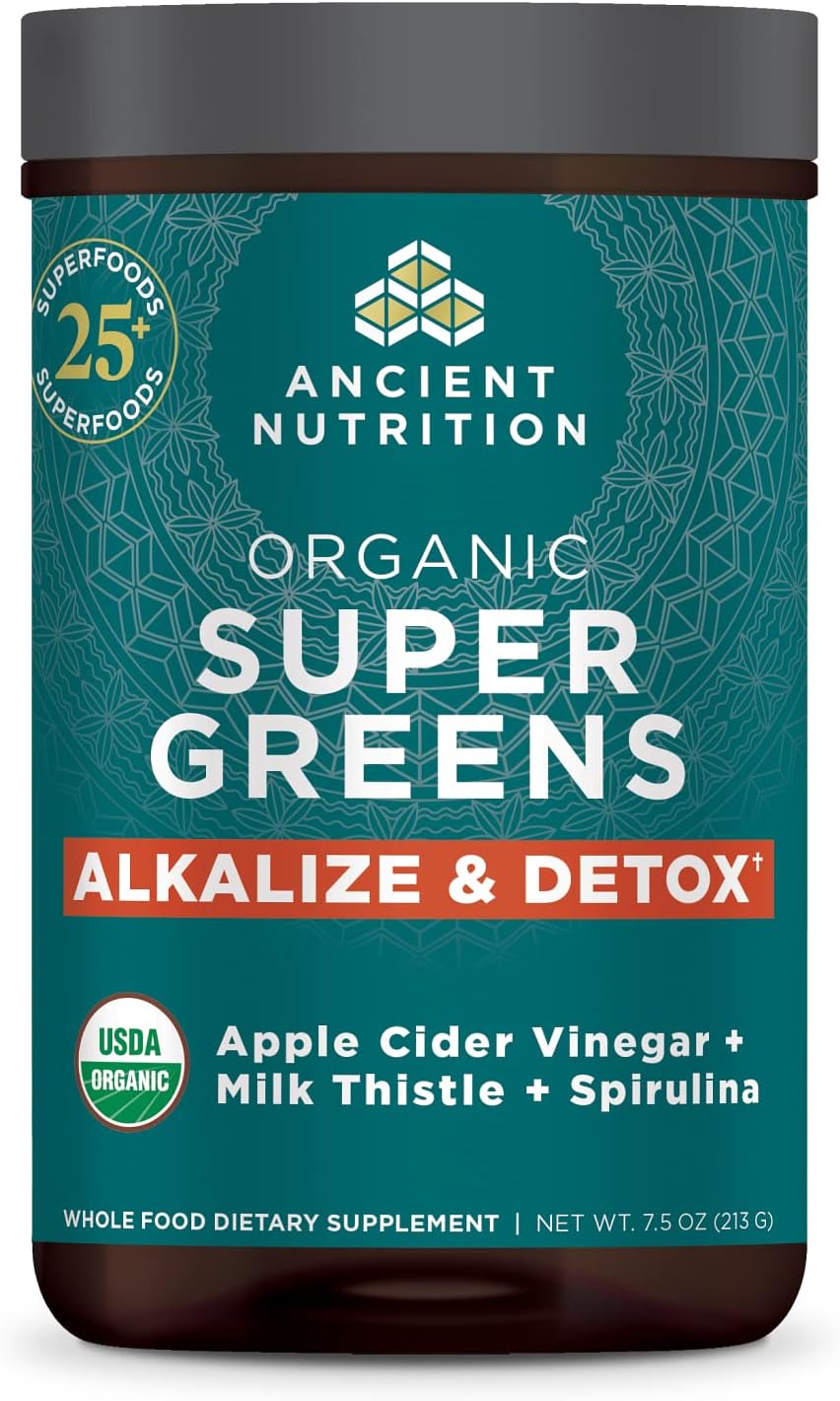 Ancient Nutrition SuperGreens Powder Bio con Probióticos, Sabor Menta Orgánica, 25 Raciones, 205g