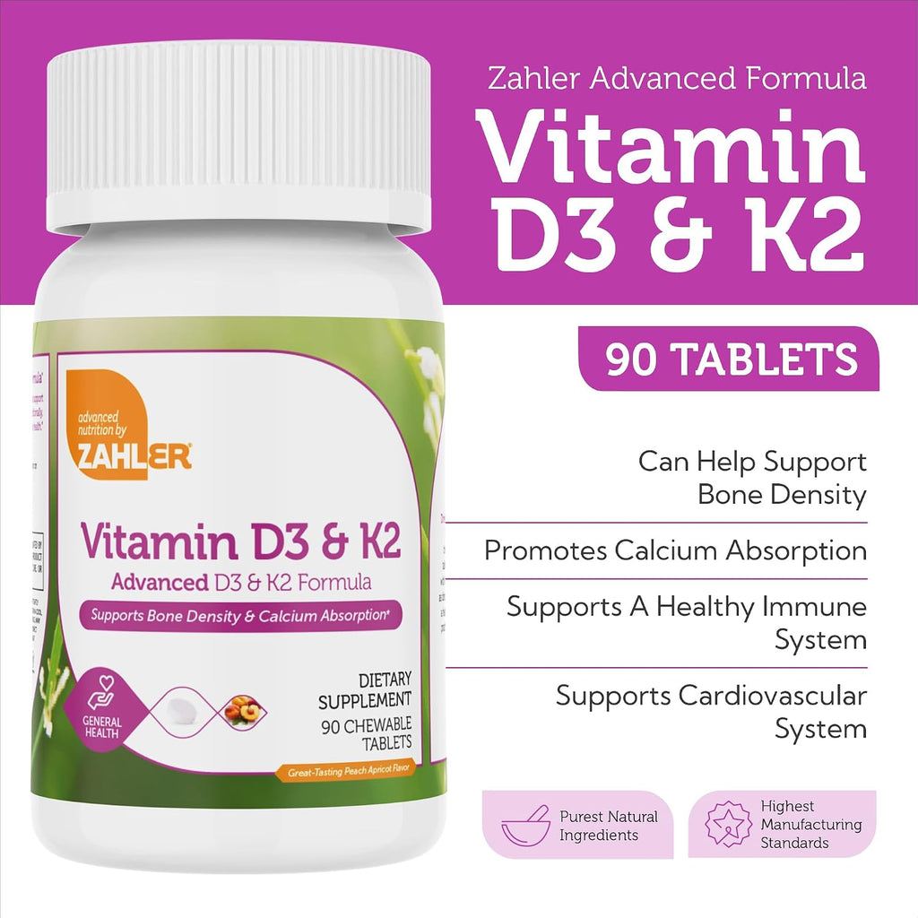Zahler Vitamina D3 y K2 Comprimidos Masticables - 5000 UI D3 + 120 mcg K2 - Sabor Melocotón Albaricoque - 90 Unidades
