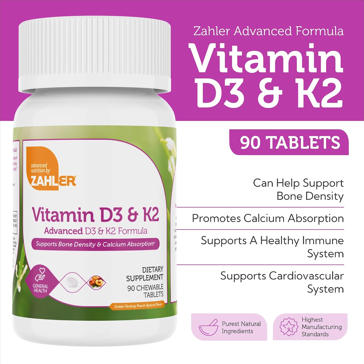Zahler Vitamina D3 y K2 Comprimidos Masticables - 5000 UI D3 + 120 mcg K2 - Sabor Melocotón Albaricoque - 90 Unidades