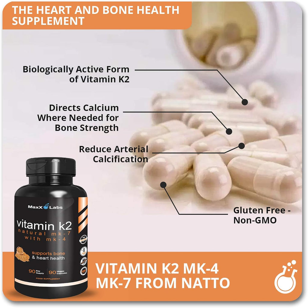 MaxX Labs Vitamina K2 con Vitamina D3 - Complejo K2 MK-7 y MK-4 - 600 mcg - 90 Cápsulas