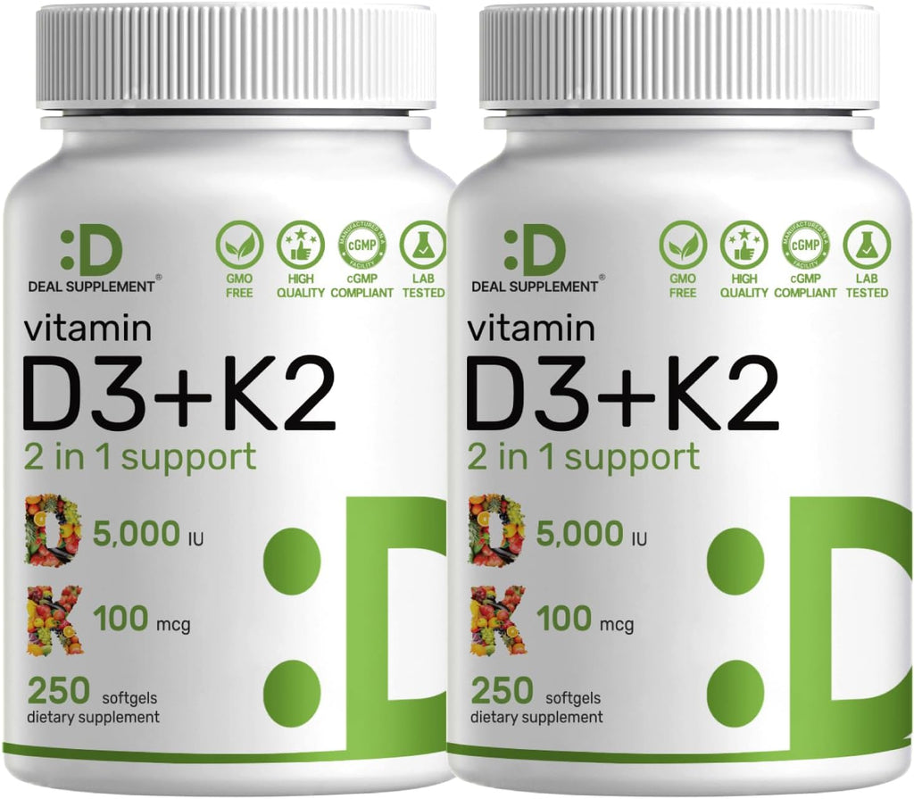 DEAL SUPPLEMENT Vitamina D3 5000 UI + K2 MK7, 250 Cápsulas Blandas