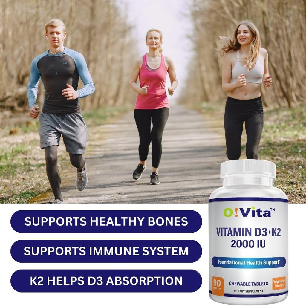 O!VITA Vitamina D3 + K2 2000UI Masticable para el Mantenimiento de los Huesos, 90 Comprimidos Vegetarianos (Suministro para 3 Meses)