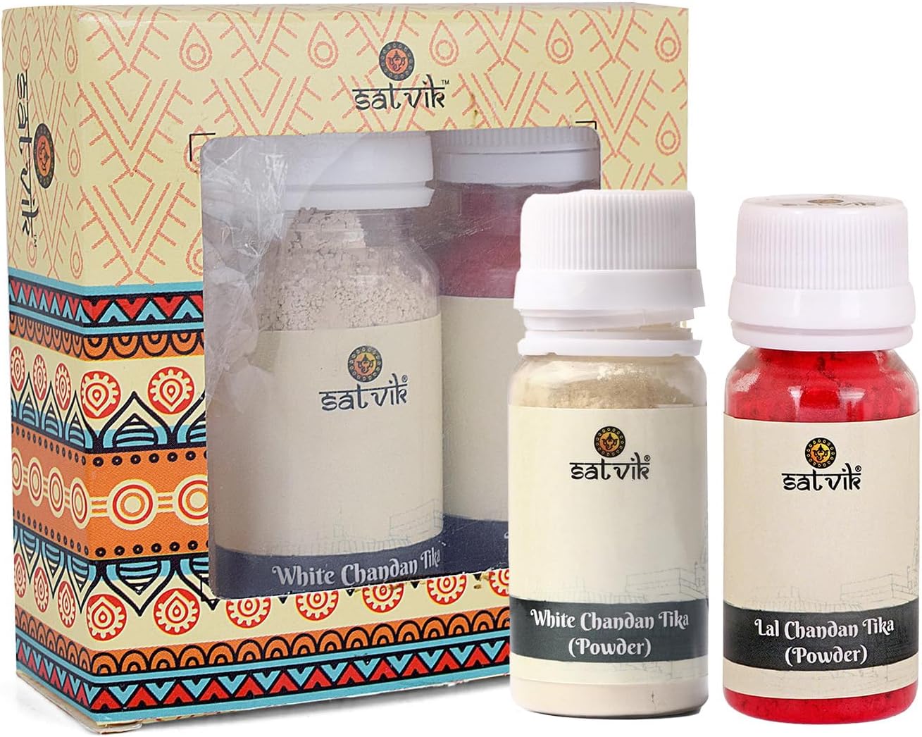 Set de 5 Sellos Tilak de Latón con Polvo de Chandan Rojo y Blanco - SATVIK