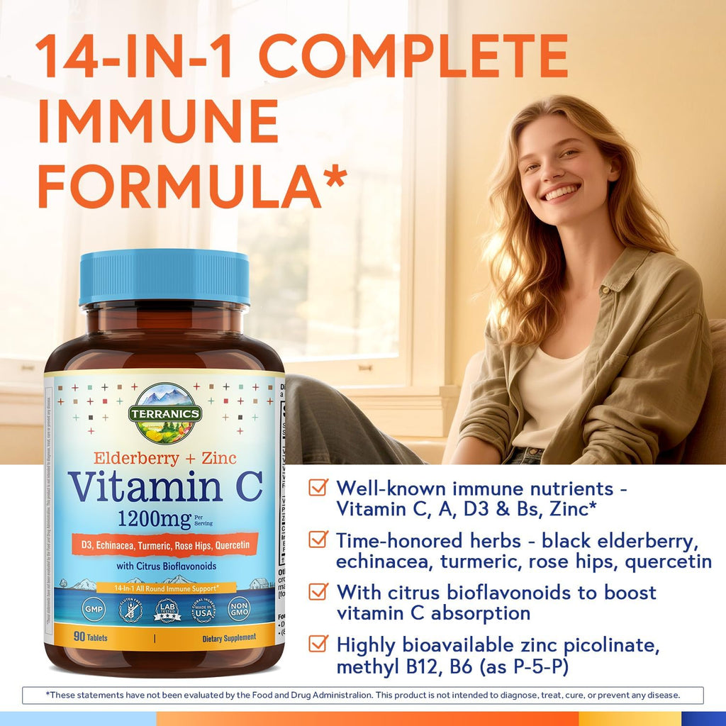 Terranics Vitamin C con Elderberry y Zinc, con Vitamina D3, A, B6, B12, Folato, Escaramujo, Bioflavonoides Cítricos, Cúrcuma, Equinácea, 14-en-1 Apoyo Inmunológico Diario, 90 Comprimidos