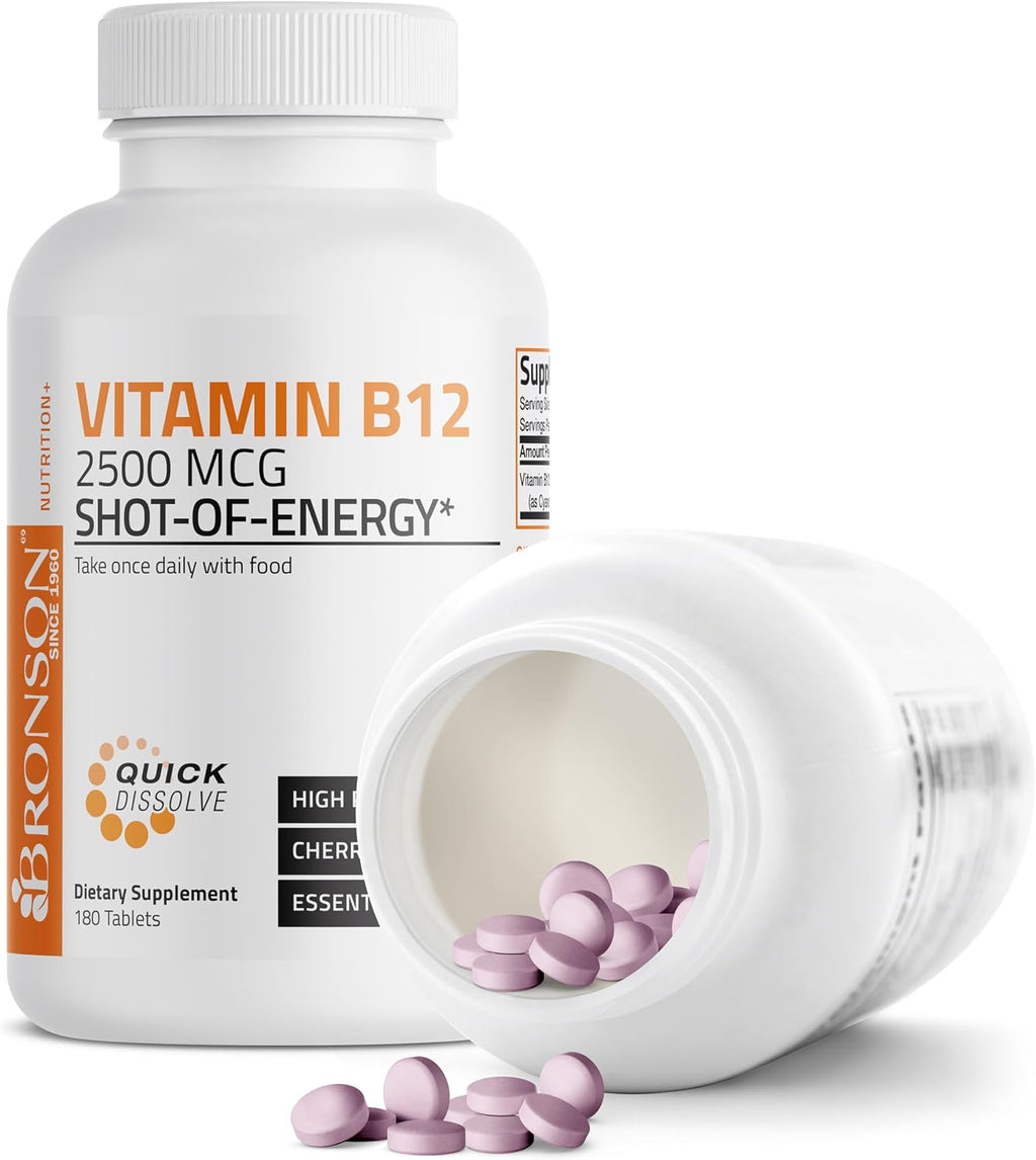 Bronson Vitamina B12 2500mcg Shot of Energy - Comprimidos Sublinguales Sabor Cereza - 180 uds
