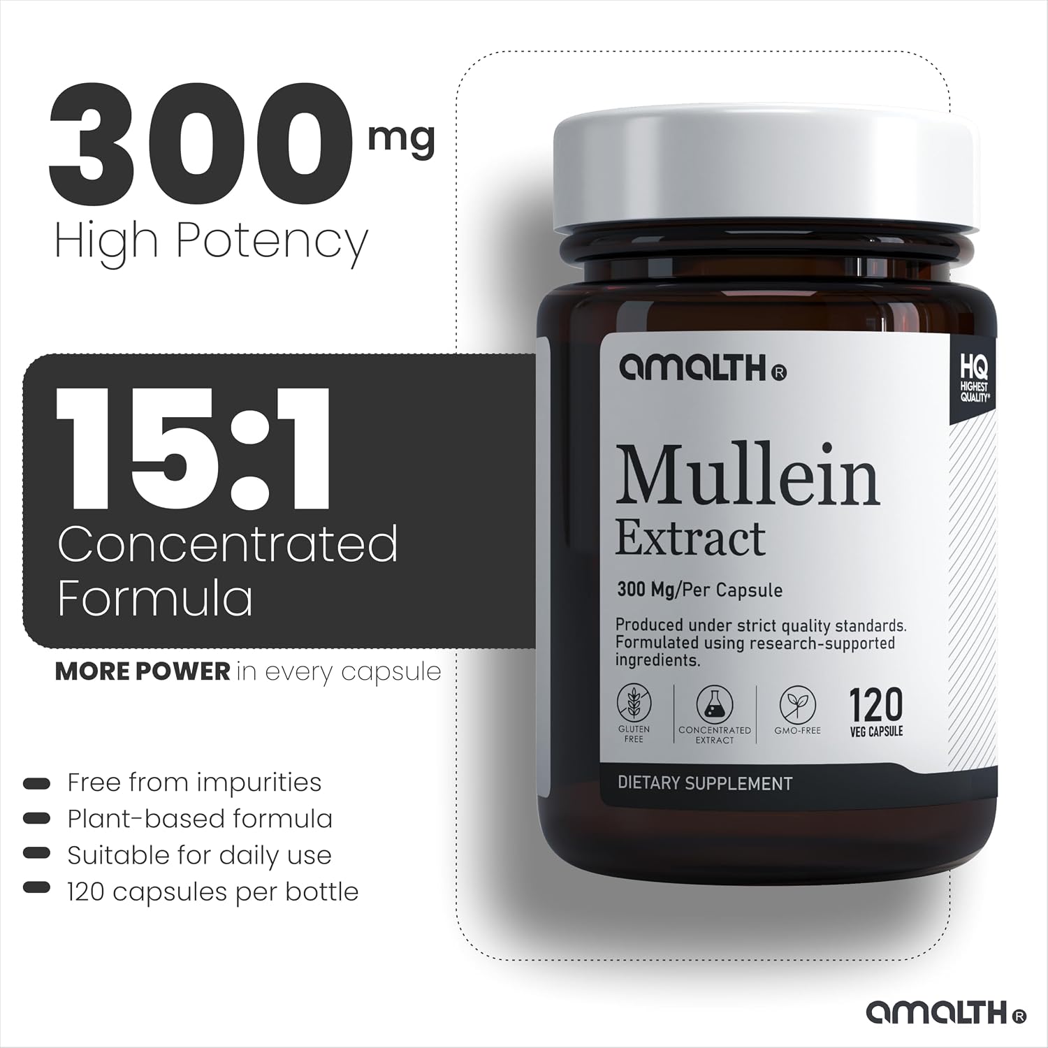 Cápsulas de Gordolobo (Mullein) 300 mg | Extracto de Hoja | Apoyo Respiratorio | 120 Cápsulas Veganas