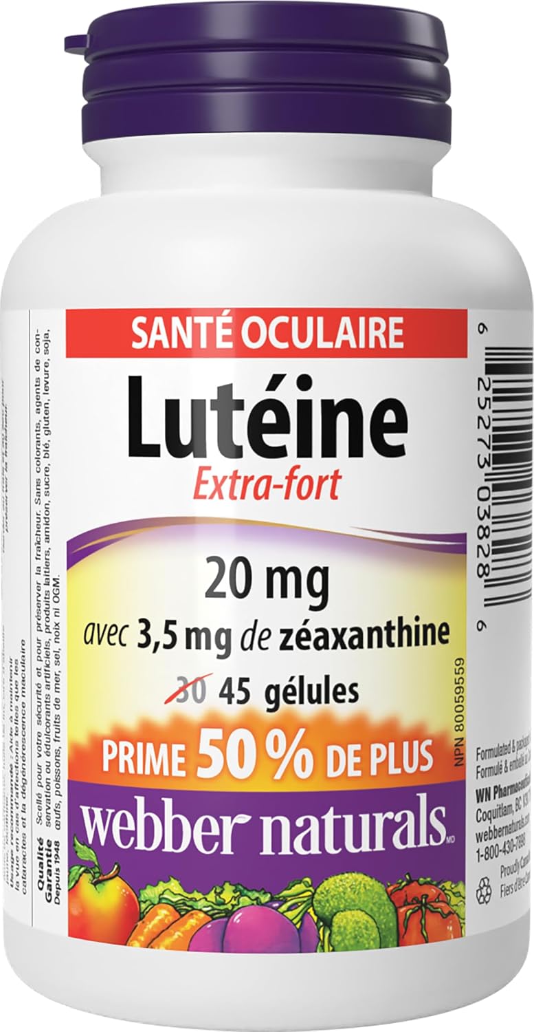 Webber Naturals Luteína Extra Fuerte con Zeaxantina, 20 mg, 30 Cápsulas Blandas
