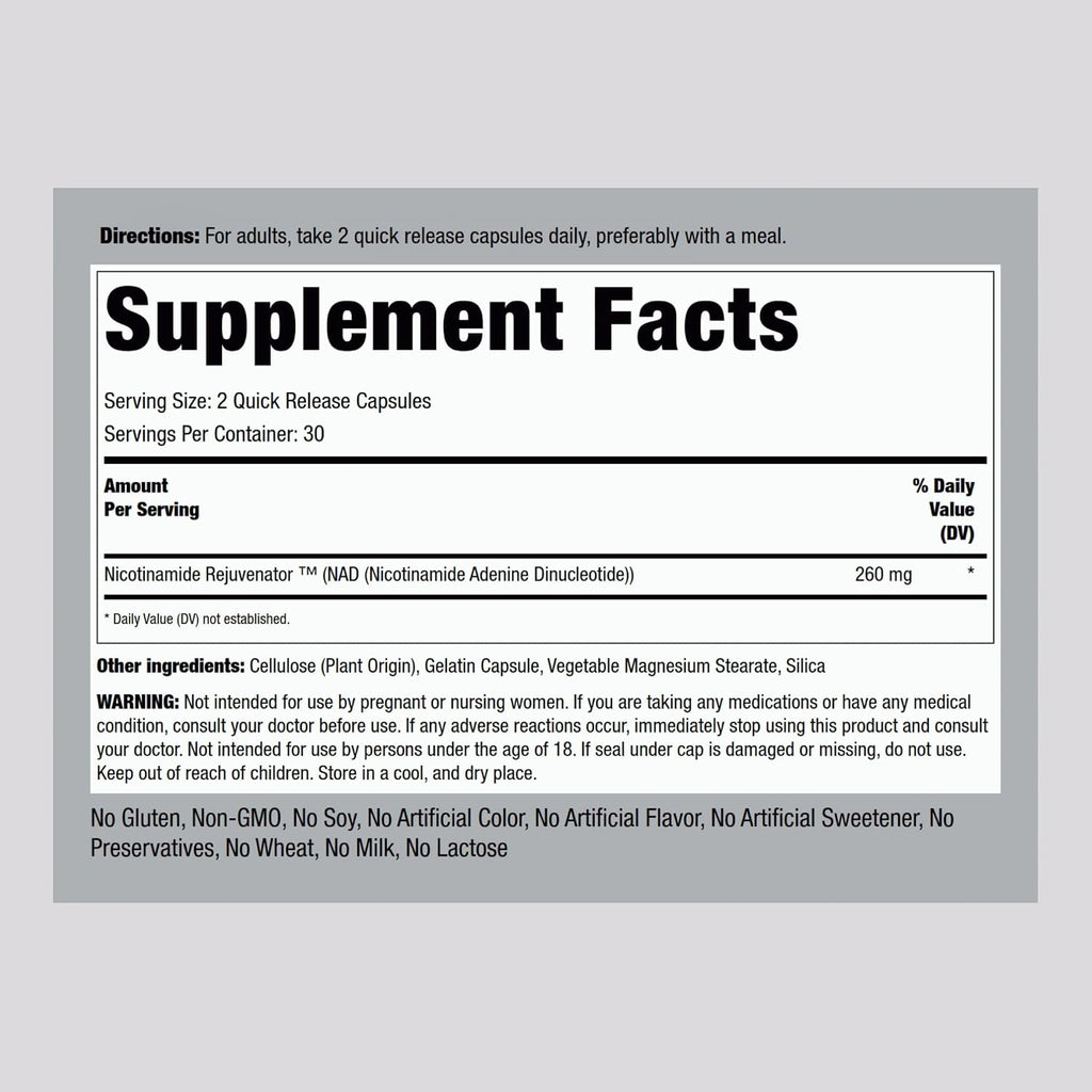 Piping Rock NAD 260 mg - 60 Cápsulas - Nicotinamida Adenina Dinucleótido - No OGM, Sin Gluten