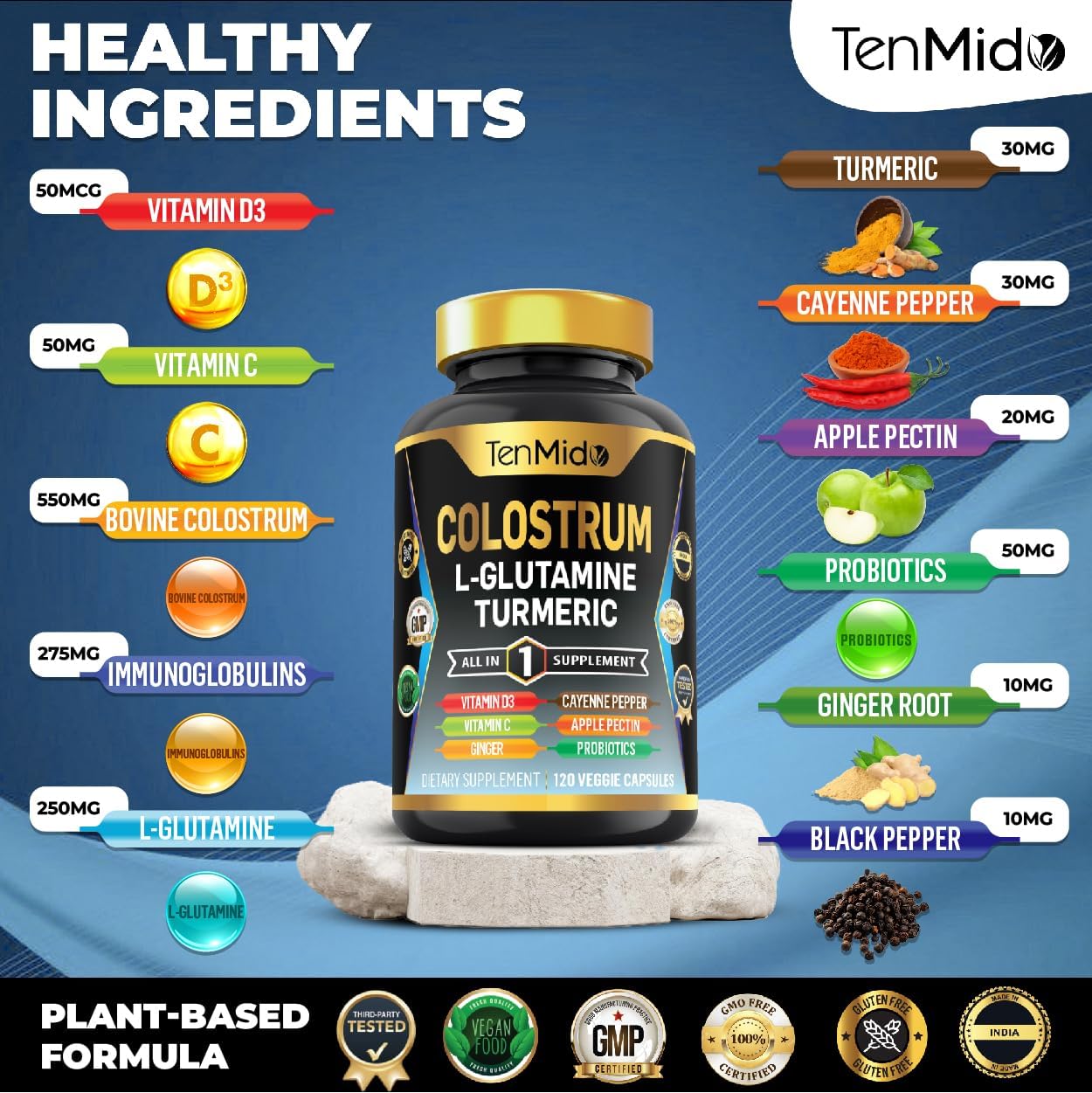 Suplemento de Calostro 10 en 1 con L-Glutamina, Cúrcuma y Probióticos - 120 Cápsulas