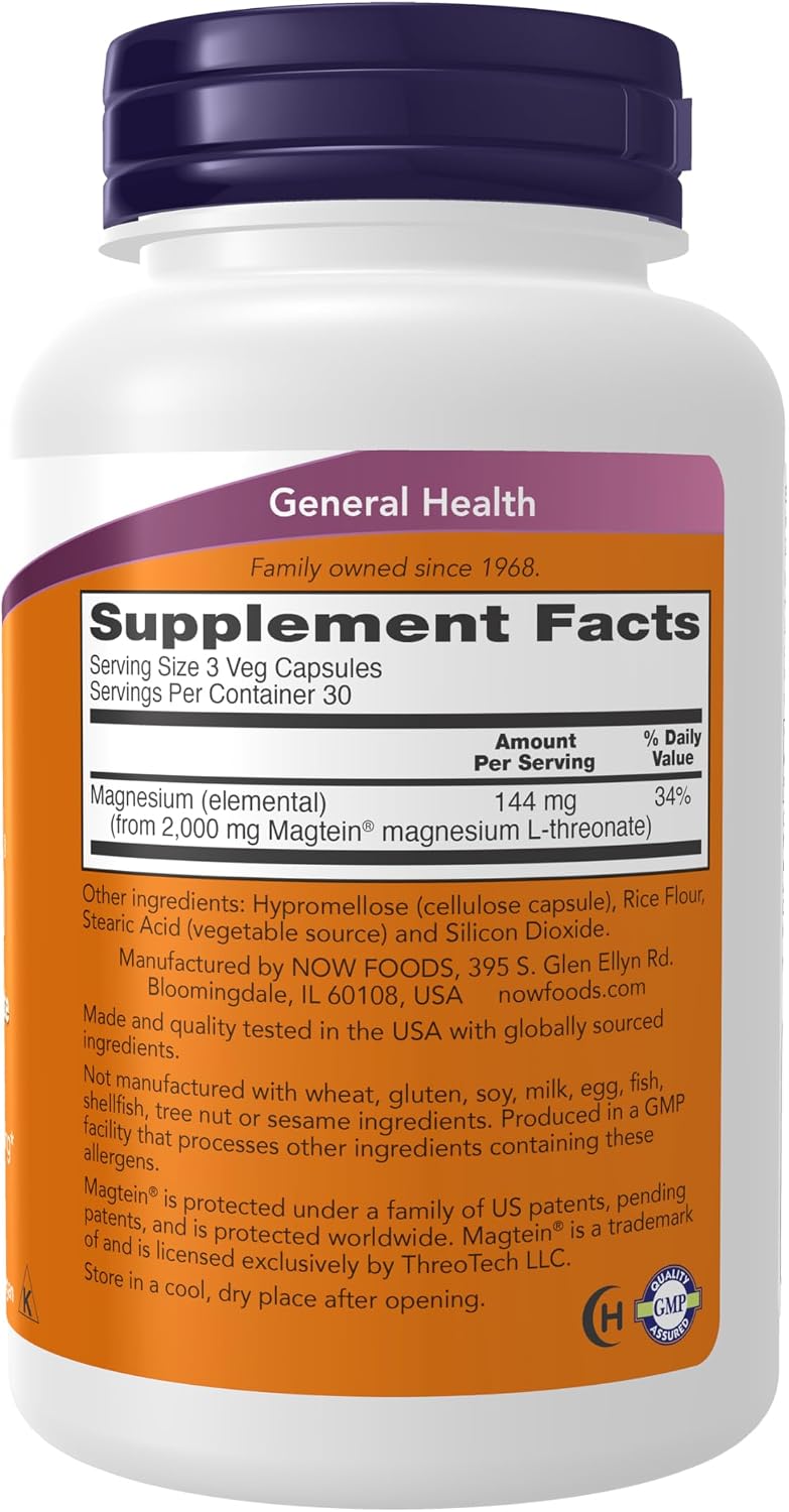 NOW Foods Magtein™, L-Treonato de Magnesio, 90 Cápsulas Vegetales
