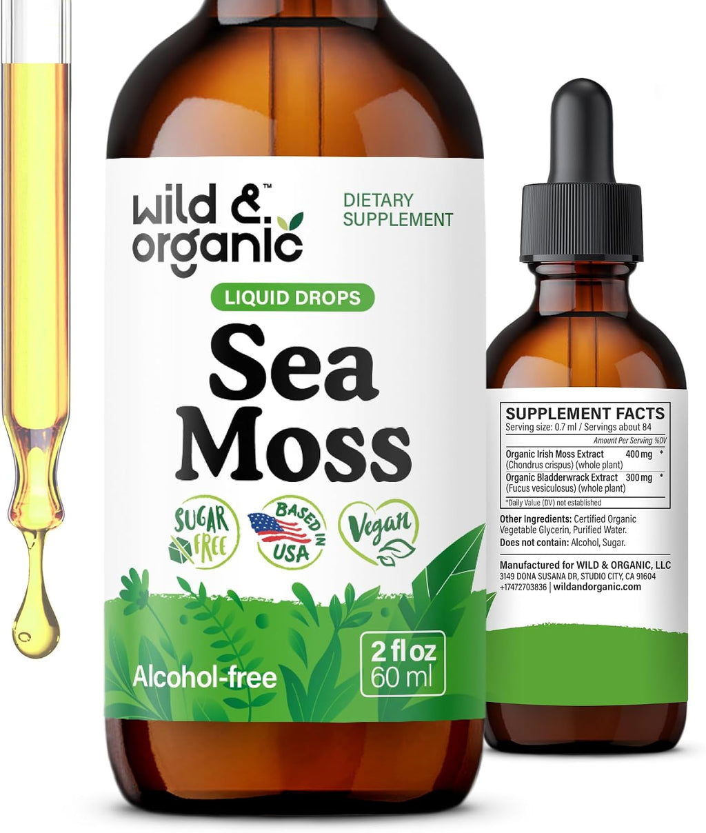 Wild & Organic Sea Moss Drops - Tintura multimineral de musgo irlandés y fucus - Vegano, sin alcohol ni azúcar - 118 ml