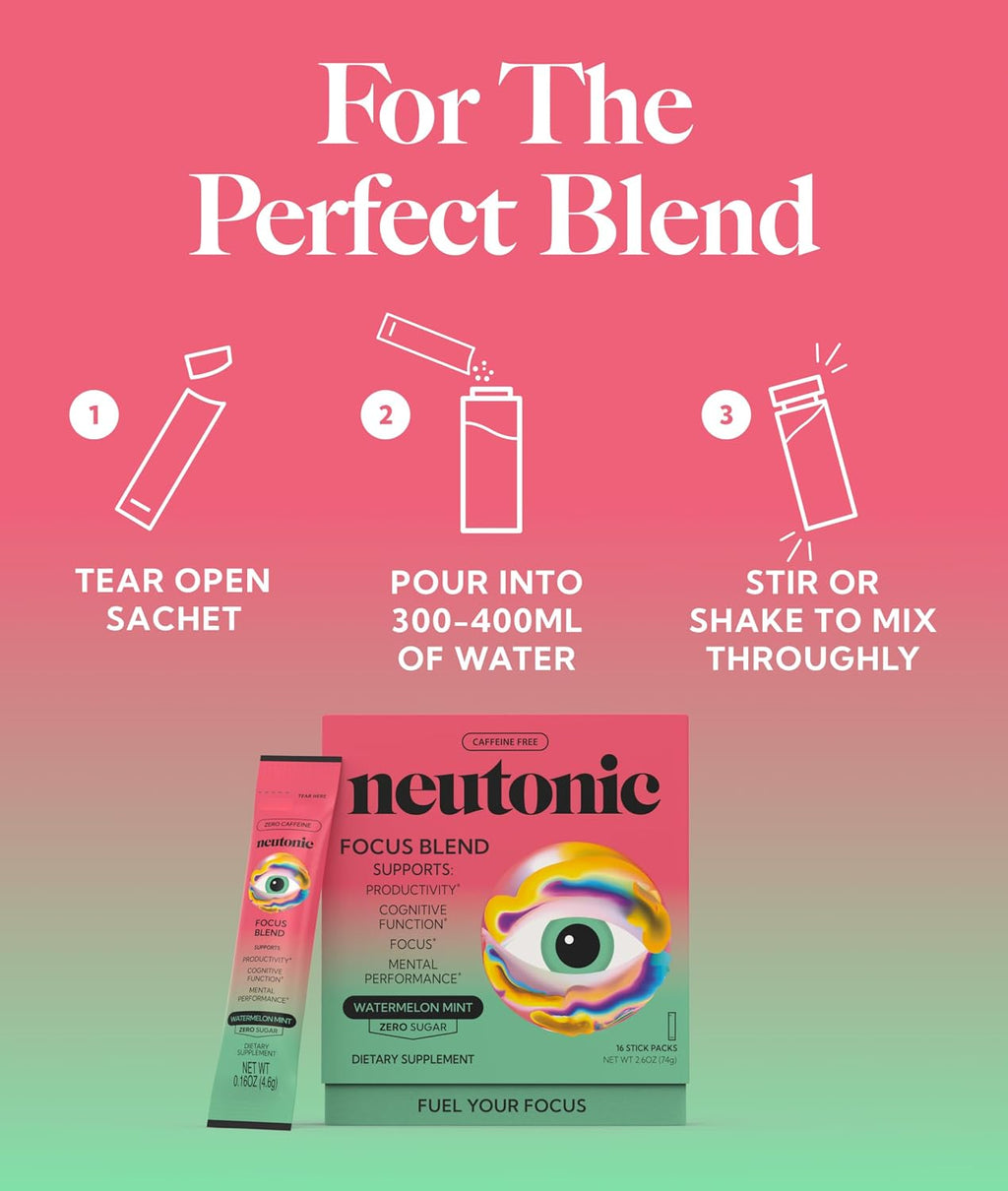 Neutonic Nootropic Focus Blend Powder - Sabor Menta Sandía, 16 sticks - Sin cafeína, Sin azúcar