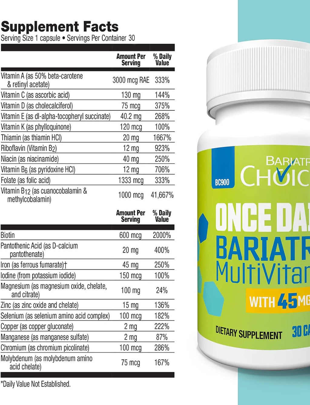 Bariatric Choice Multivitamínico Bariátrico con Hierro 45 mg – Cápsula de una toma diaria para pacientes de bypass gástrico y gastrectomía en manga – 30 cápsulas