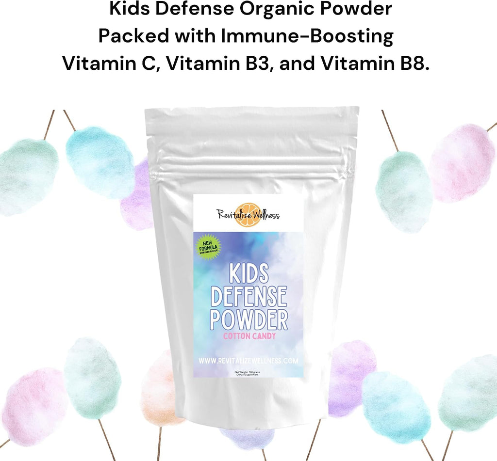 Revitalize Wellness Kids Defense Powder | Nueva fórmula, mejor sabor | Dosis ortomolecular de 1000 mg de vitamina C y 250 mg de B3 | Puro, sin maíz y sin OMG | Sabor a algodón de azúcar | 120 raciones