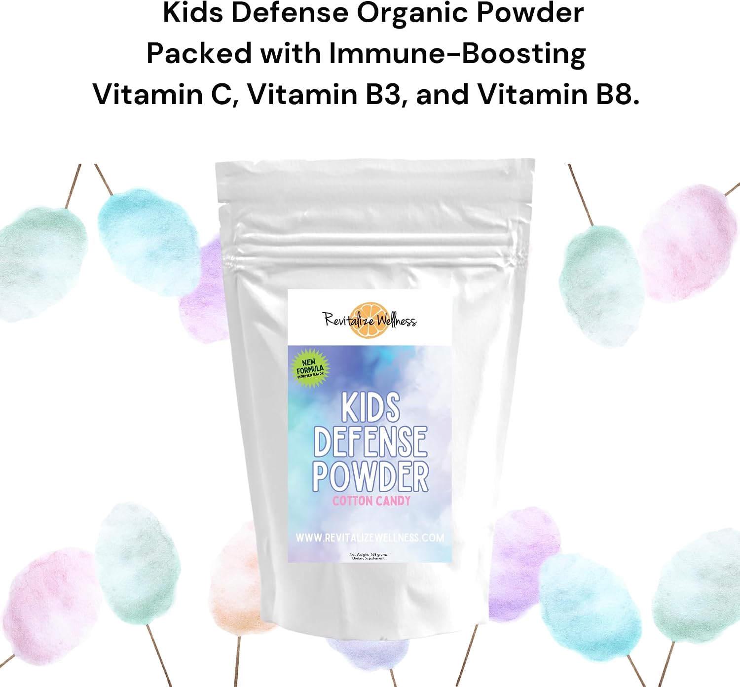 Revitalize Wellness Kids Defense Powder | Nueva fórmula, mejor sabor | Dosis ortomolecular de 1000 mg de vitamina C y 250 mg de B3 | Puro, sin maíz y sin OMG | Sabor a algodón de azúcar | 120 raciones