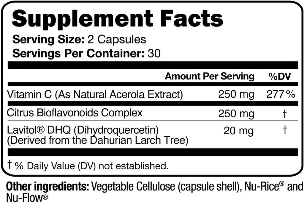 Vitamina C Natural de Acerola con Lavitol DHQ y Bioflavonoides - 250 mg, 60 Cápsulas