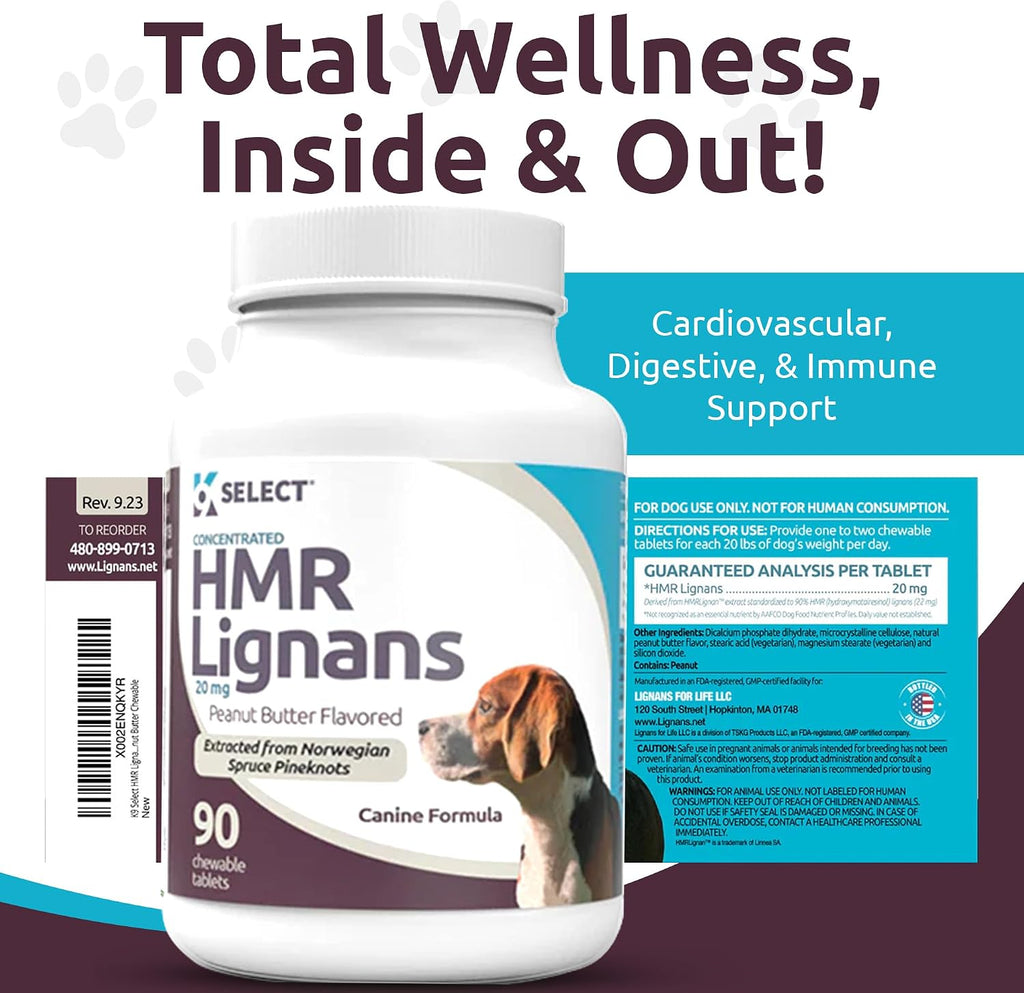 K9 Select HMR Lignans para Perros - 90 Comprimidos, 20mg - Extracto de Abeto Noruego - Sabor Mantequilla de Maní