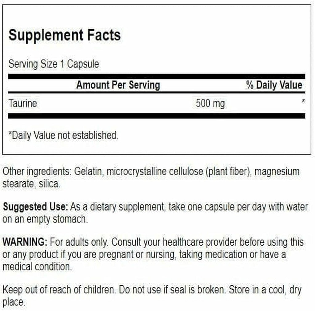 Swanson Taurina 500 mg - 100 Cápsulas - Suplemento Alimenticio de Aminoácido