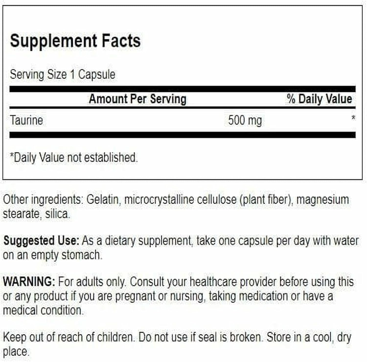 Swanson Taurina 500 mg - 100 Cápsulas - Suplemento Alimenticio de Aminoácido