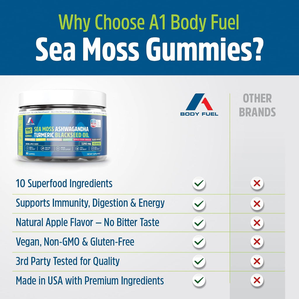 A1 Body Fuel Gominolas de Sea Moss, Fórmula 10 en 1, 90 unidades