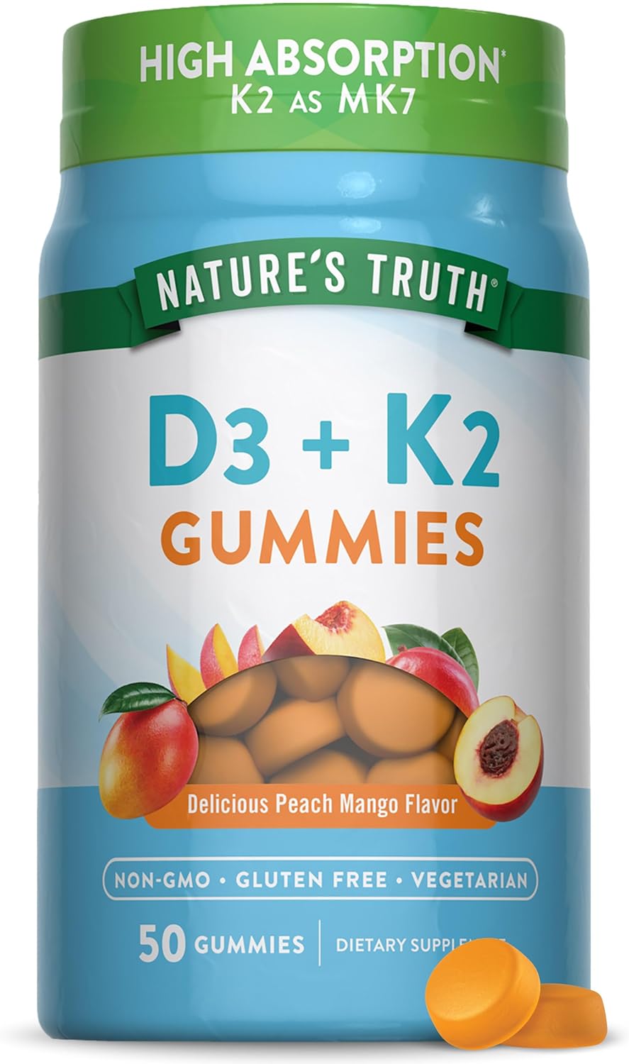 Nature's Truth Gominolas de Vitamina D3 + K2, 50 unidades, sabor Melocotón Mango, Vegetarianas, No GMO y Sin Gluten