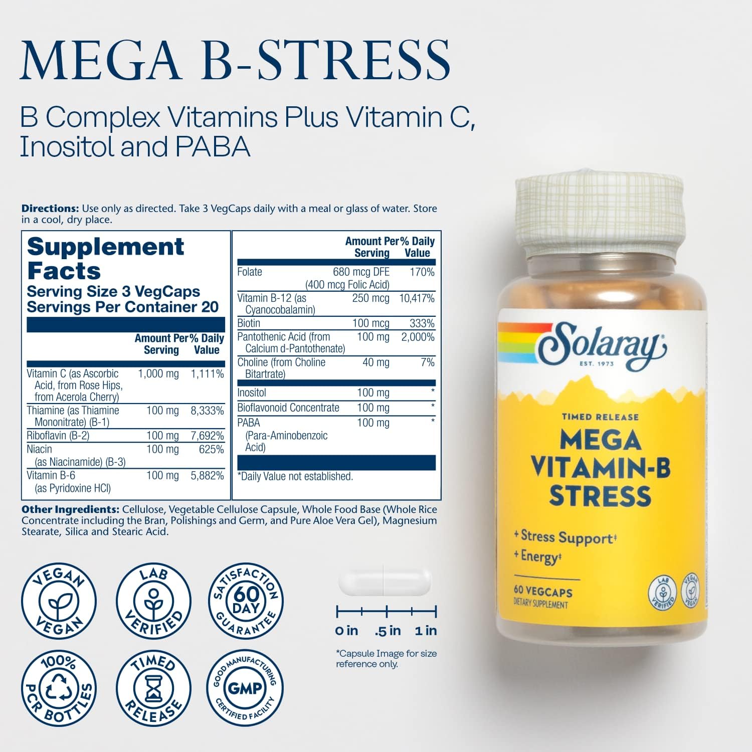 SOLARAY Mega B-Stress Complex, Sustained Release with 1000 mg Vitamin C, 60 Vegan Capsules