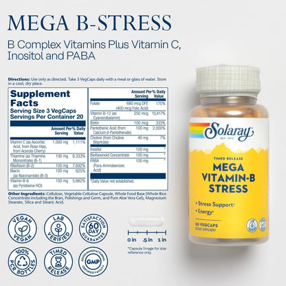 SOLARAY Mega Complejo B Estrés, Liberación Prolongada con 1000 mg de Vitamina C, 60 Cápsulas Veganas – Image 3