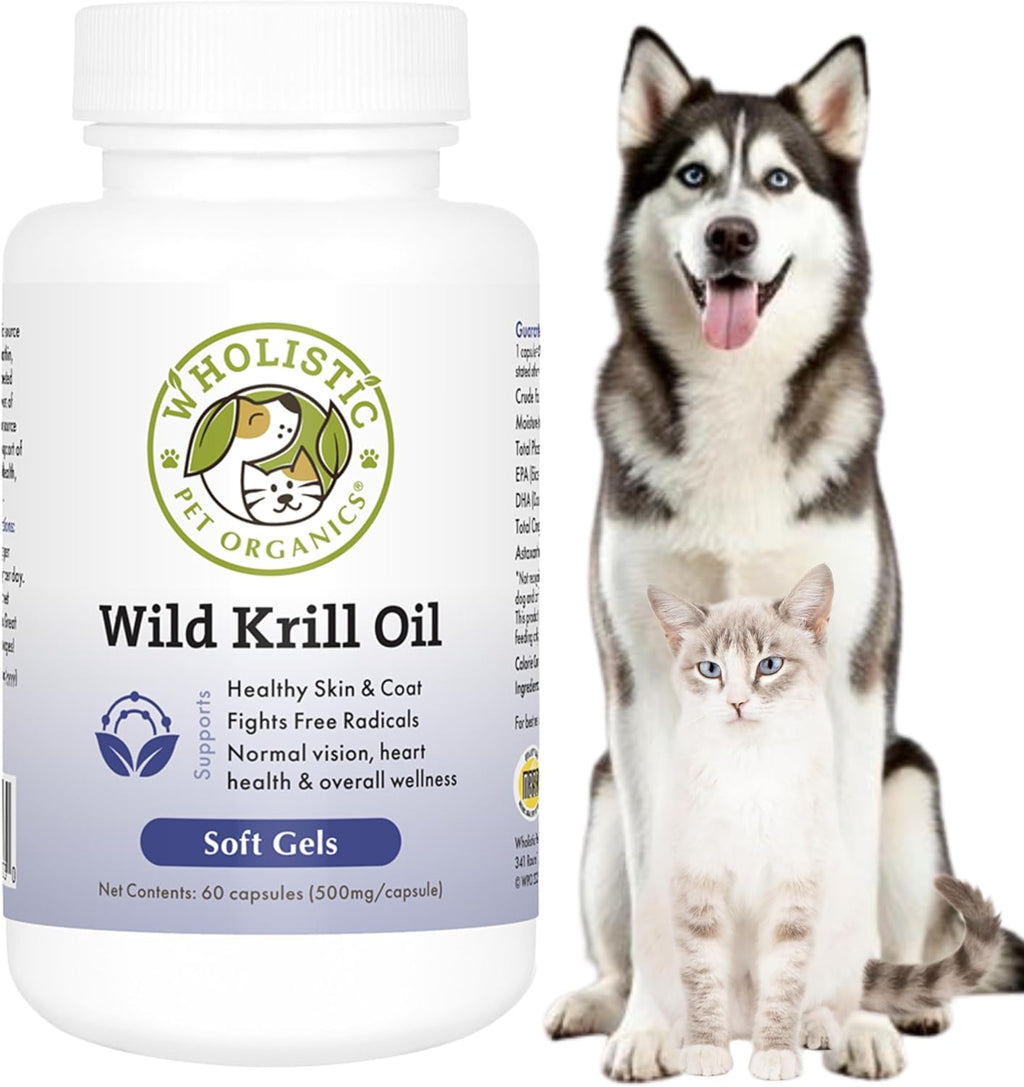 Wholistic Pet Organics Aceite de Krill para Perros y Gatos - Suplemento Antioxidante Premium - Apoyo para Piel y Pelaje con EPA, DHA, Astaxantina - Omega 3 para Perros y Gatos - 200 Cápsulas blandas