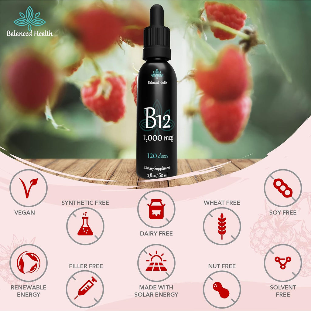 Balanced Health Vitamina B12 1000 mcg - Gotas Sublinguales de Metilcobalamina - Sabor Frambuesa - 120 Servicios