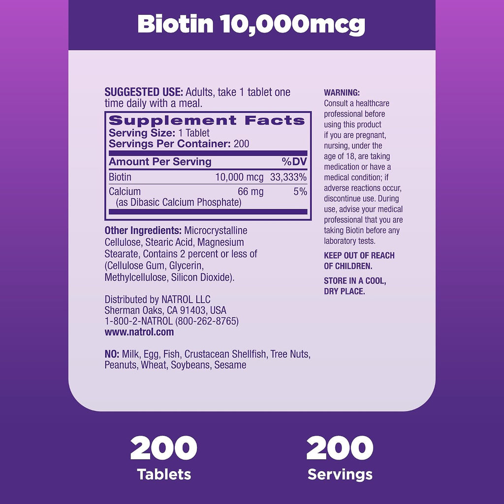 Natrol Biotina 10000mcg, para Cabello, Piel y Uñas Saludables, 200 Comprimidos