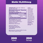 Natrol Biotina 10000mcg, para Cabello, Piel y Uñas Saludables, 200 Comprimidos