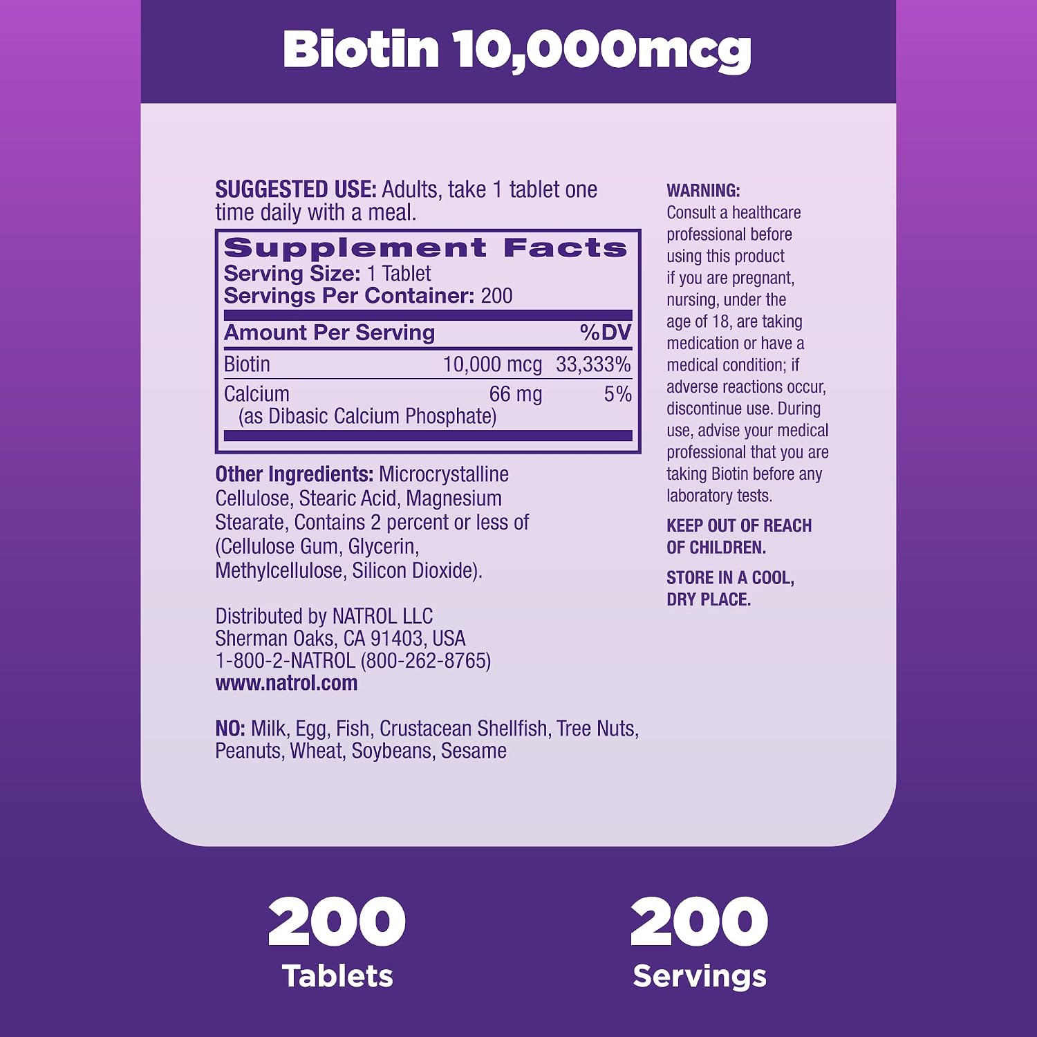 Natrol Biotina 10000mcg, para Cabello, Piel y Uñas Saludables, 200 Comprimidos