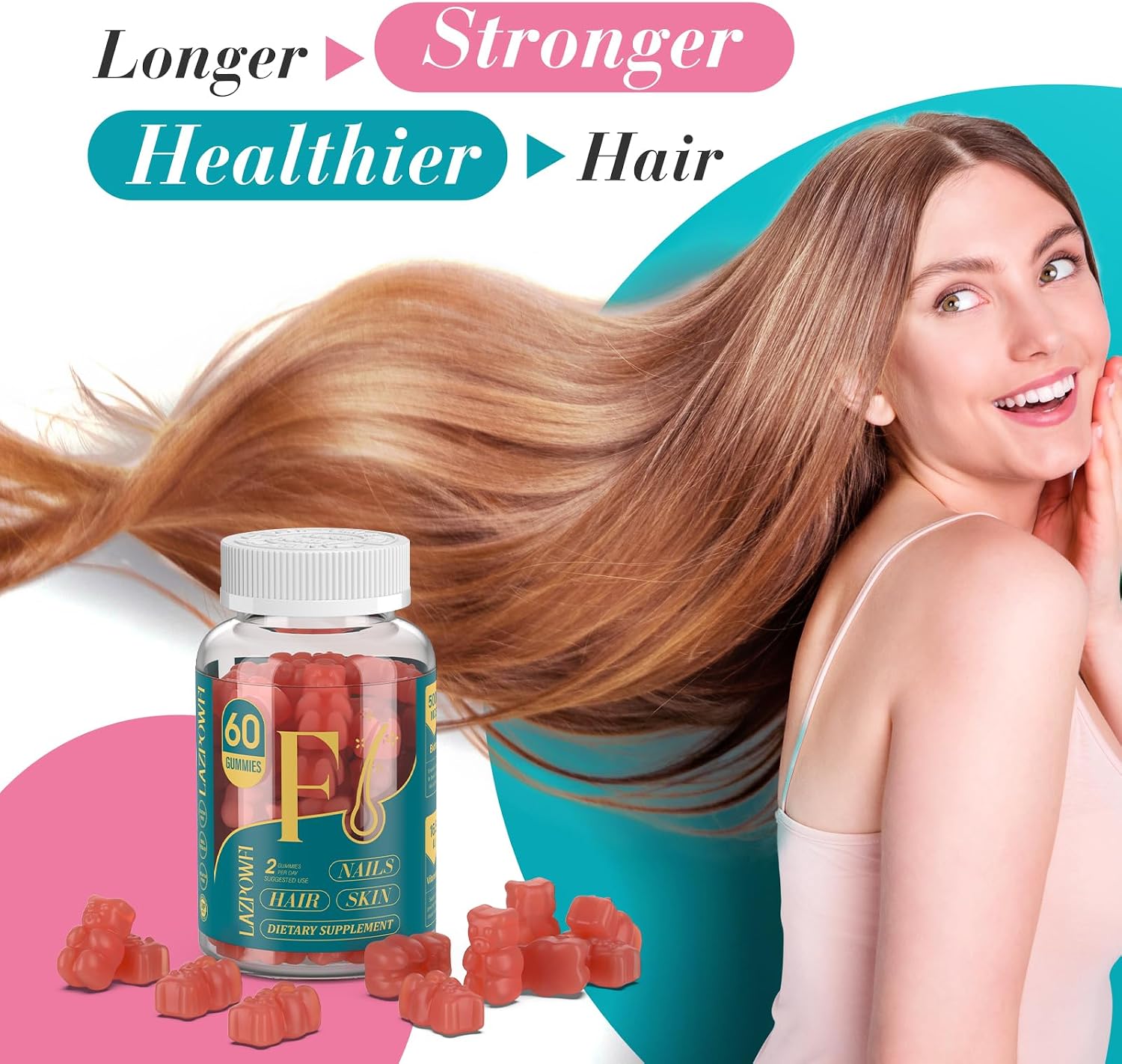 Lazpowfi Gomitas de Biotina para Cabello, Piel y Uñas - Vegano, 60 Días (2 Envases) - Sabor Fresa