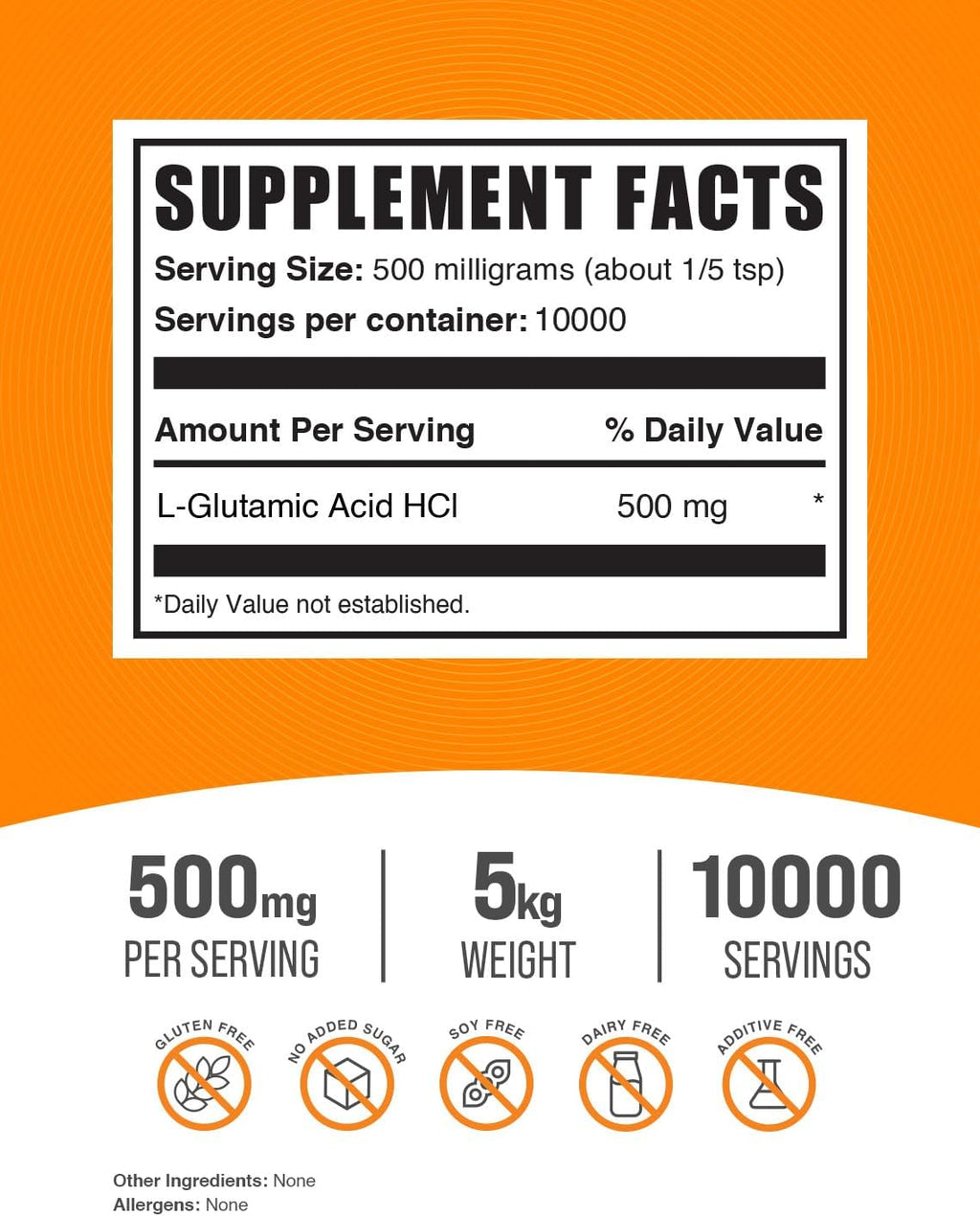 BulkSupplements L-Ácido Glutámico HCl en Polvo - 500 mg por ración - 5 kg