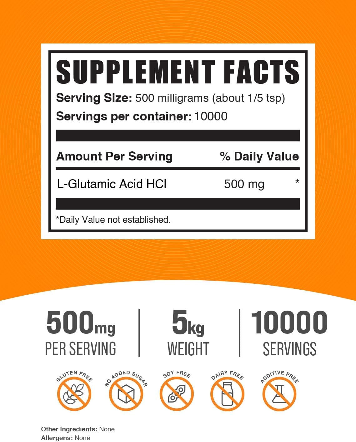 BulkSupplements L-Ácido Glutámico HCl en Polvo - 500 mg por ración - 5 kg
