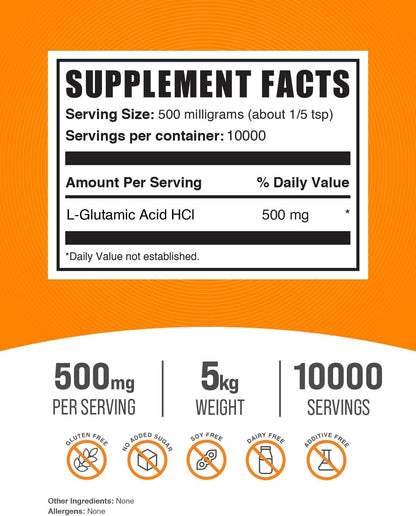 BulkSupplements L-Ácido Glutámico HCl en Polvo - 500 mg por ración - 5 kg – Image 2
