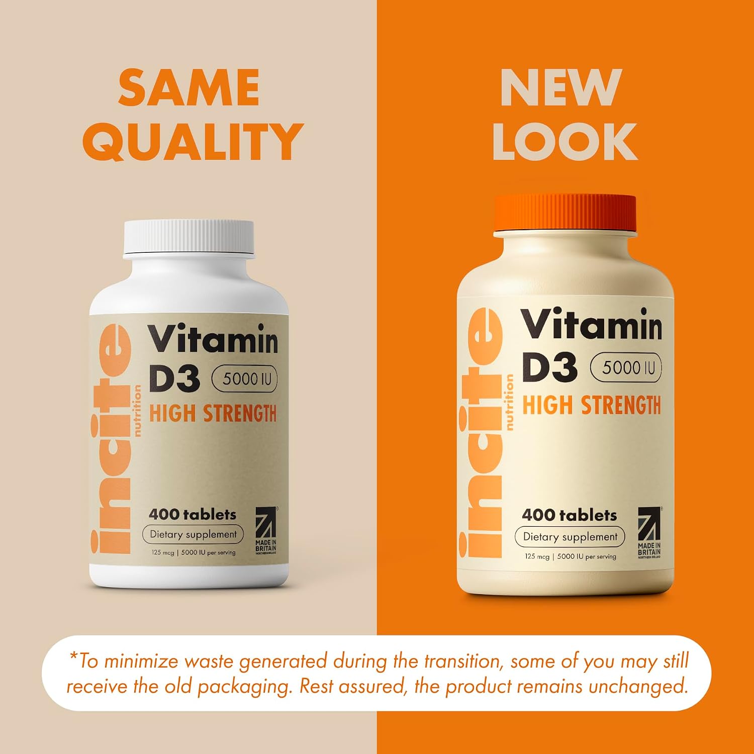 Incite Nutrition Vitamina D3 5000 IU - 400 Microcomprimidos de Colecalciferol - Suplemento Vegetariano - Alta Concentración