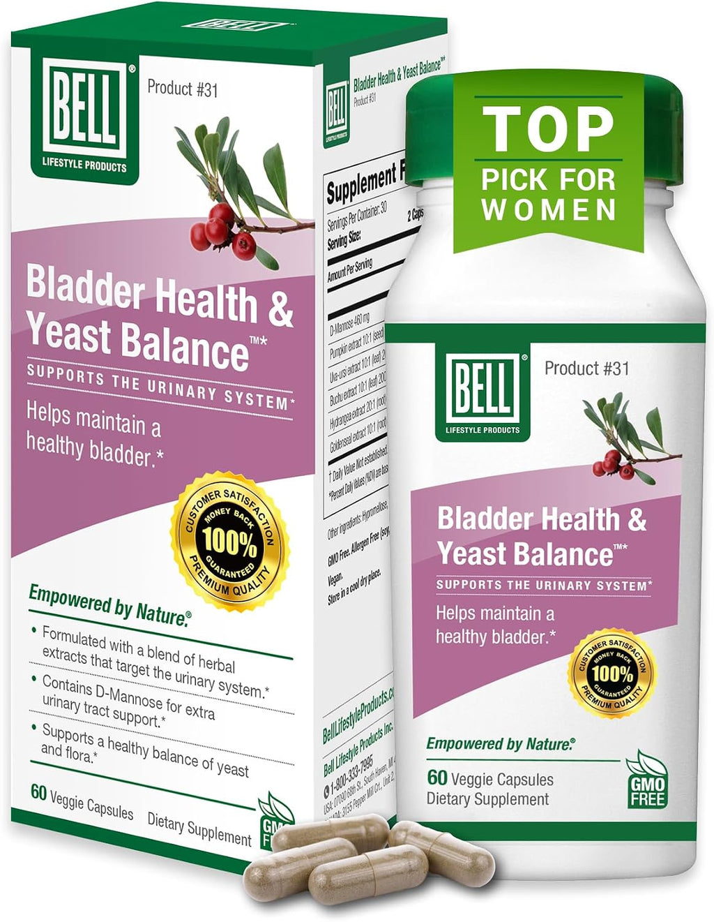 Bell Bladder Health & Yeast Flora Balance - 60 Cápsulas - D-Mannose para el Bienestar Femenino