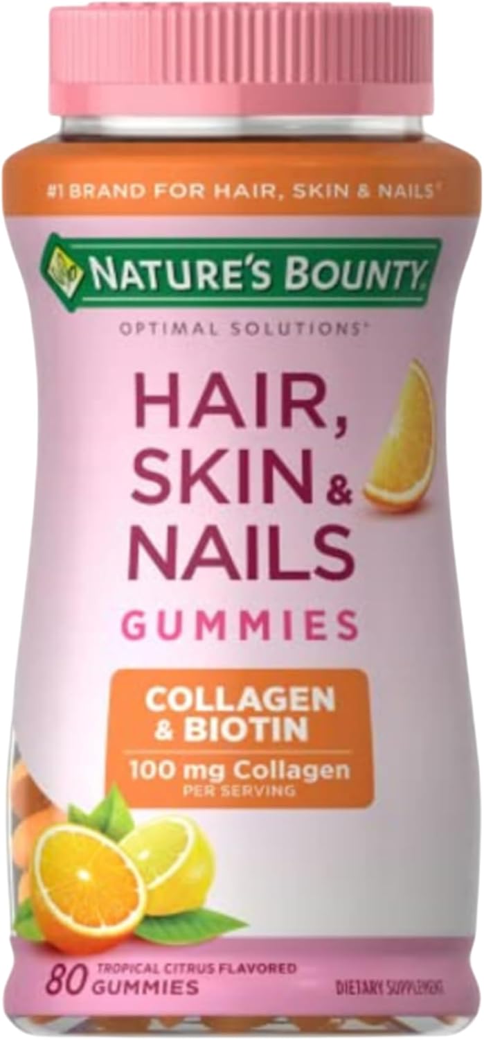 Nature's Bounty Optimal Solutions Cabello, Piel y Uñas con Biotina y Colágeno, Gominolas sabor cítrico, 2500 mcg, 80 unidades (40 porciones)