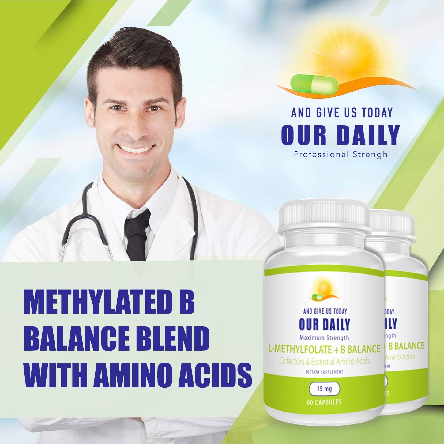 Our Daily Vites L-Metilfolato 15 mg Complejo B Balance - 5-MTHF Activo, B12 Metilada, B9, B6, B2 - Salud Cerebral, Cardíaca y Fetal - 60 Cápsulas