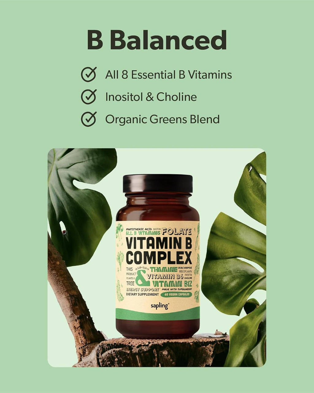 Sapling Complejo B Vegano - Mezcla de Alimentos Integrales con Vitaminas B1, B2, B3, B5, B6, B7, Folato, B12 - 60 Cápsulas