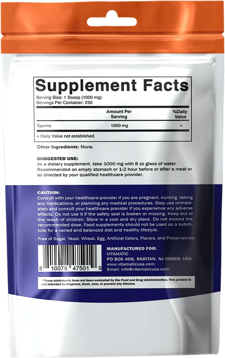 Vitamatic Taurina Pura 1000mg 250 Servicios - No Transgénico, Sin Gluten