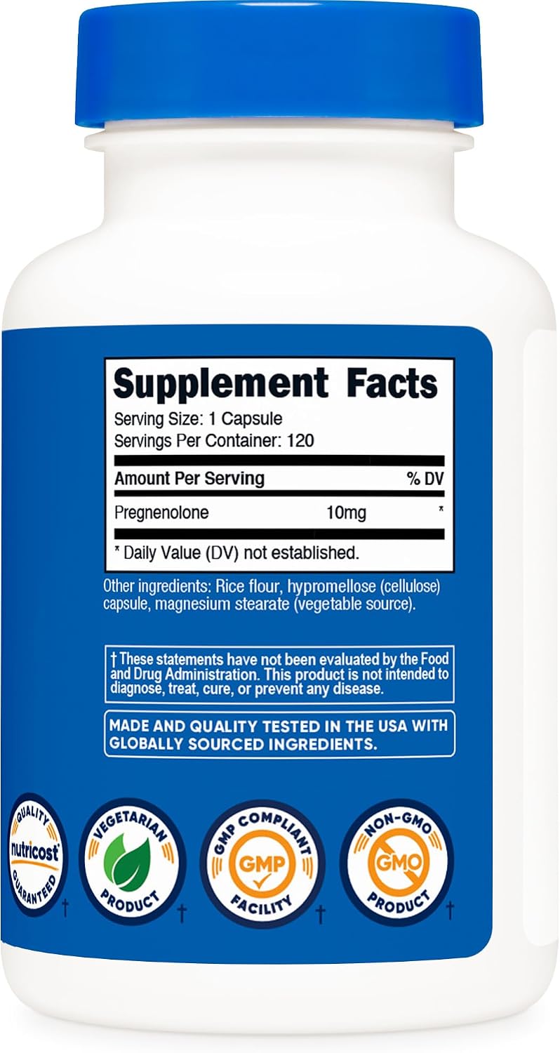 Nutricost Pregnenolona 10mg, 120 Cápsulas - No-GMO, Sin Gluten, Cápsulas Vegetarianas