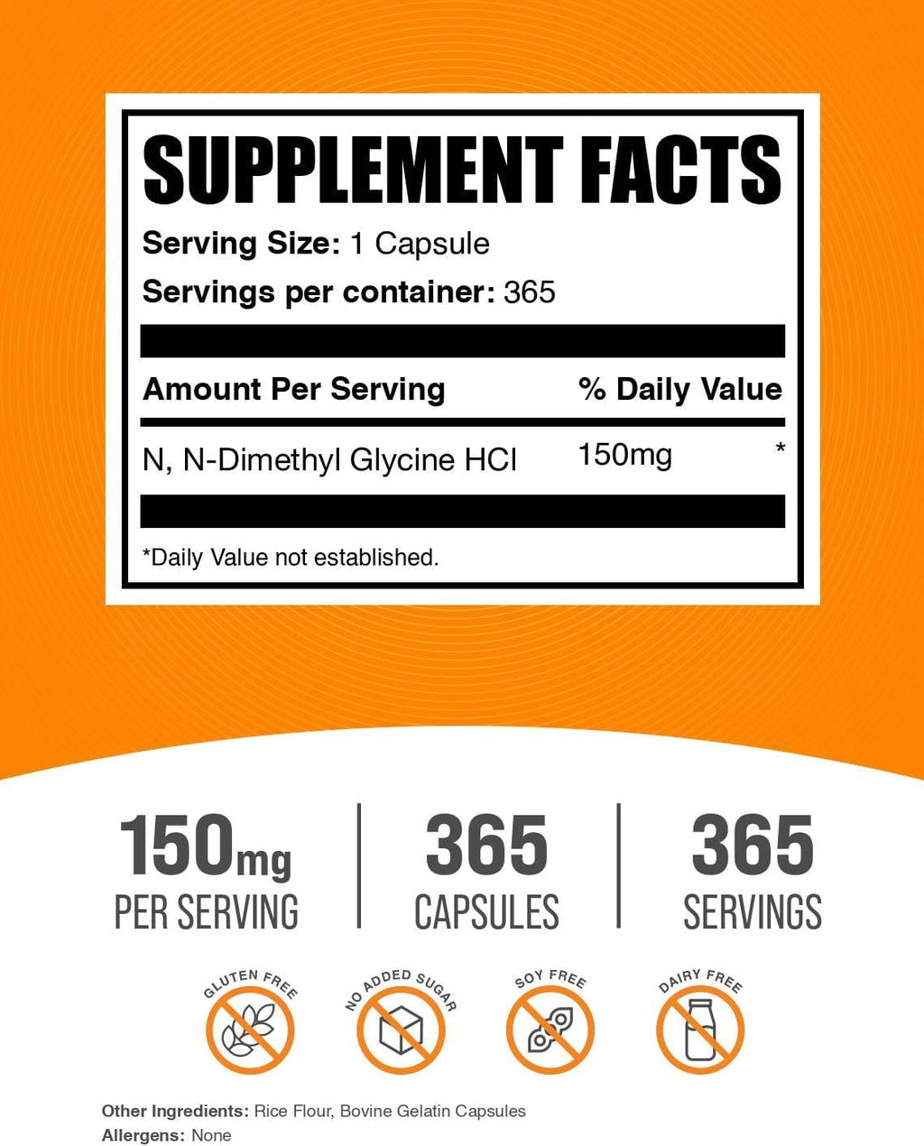 DMG HCl Cápsulas - N,N-Dimetilglicina, 150 mg, 365 Cápsulas