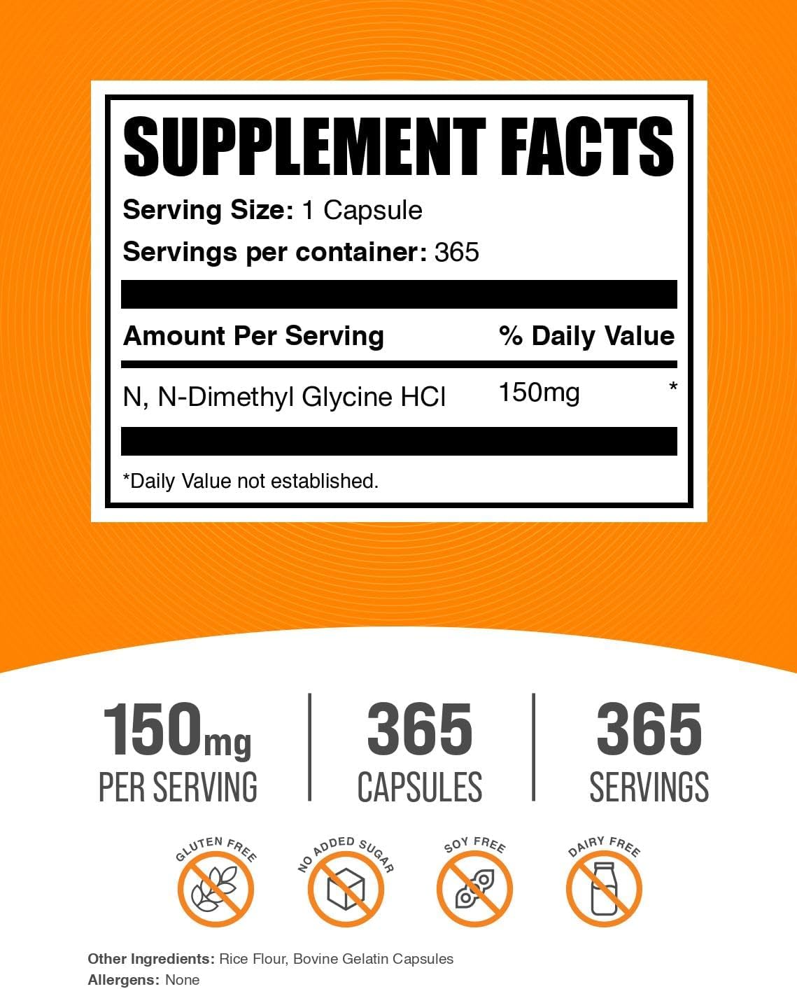 DMG HCl Cápsulas - N,N-Dimetilglicina, 150 mg, 365 Cápsulas