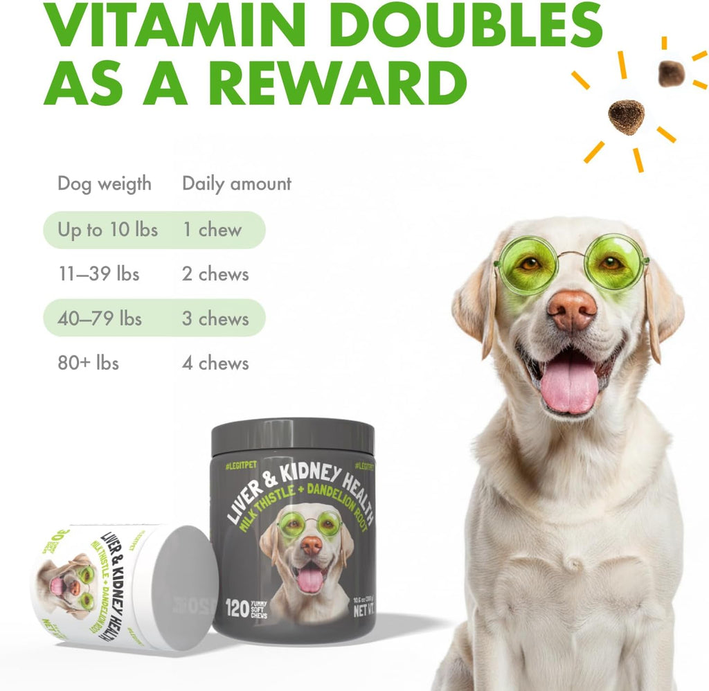 LEGITPET Complemento Hepático y Renal para Perros con Cardo Mariano, Diente de León y Cúrcuma - 30 Chewables